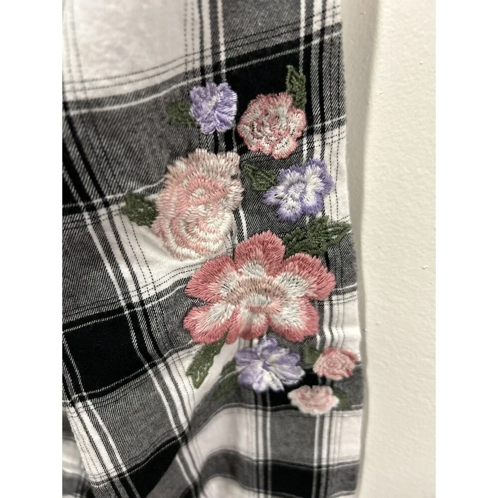 Children’s Place Girls Button Up Dress Plaid With Flower Embroidery XXL 16